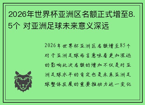 2026年世界杯亚洲区名额正式增至8.5个 对亚洲足球未来意义深远