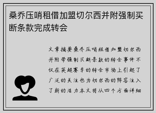 桑乔压哨租借加盟切尔西并附强制买断条款完成转会