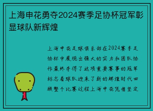 上海申花勇夺2024赛季足协杯冠军彰显球队新辉煌
